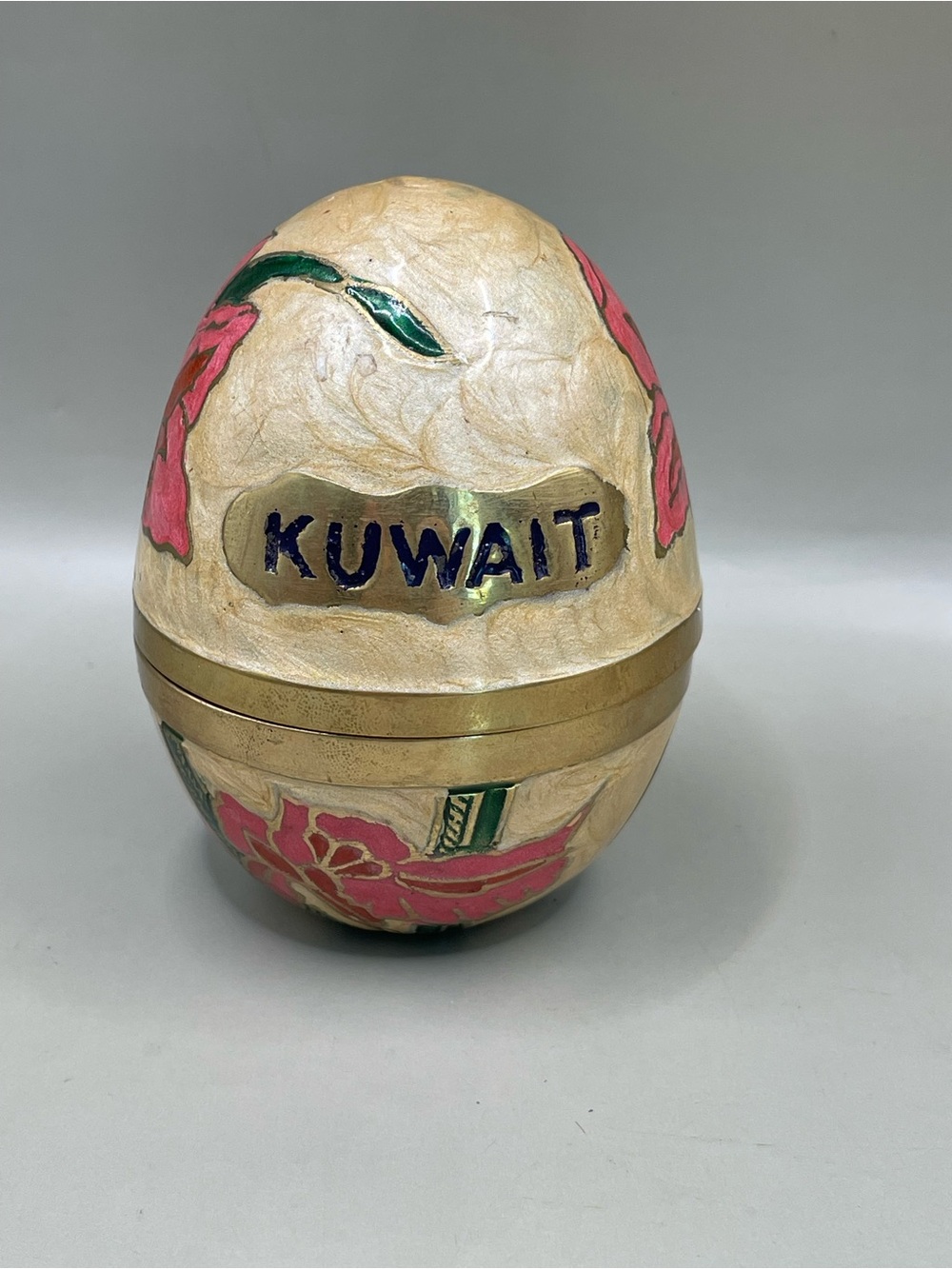 Vintage READ Kuwait Brass Egg Trinket Box Souvenir Cloisonne Style Enamel Floral